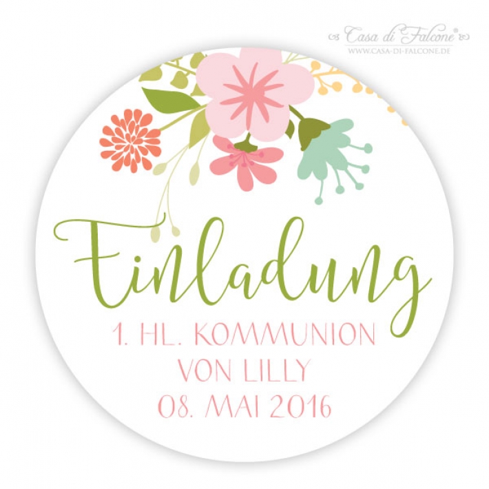Aufkleber Einladung zur Kommunion, rund floral