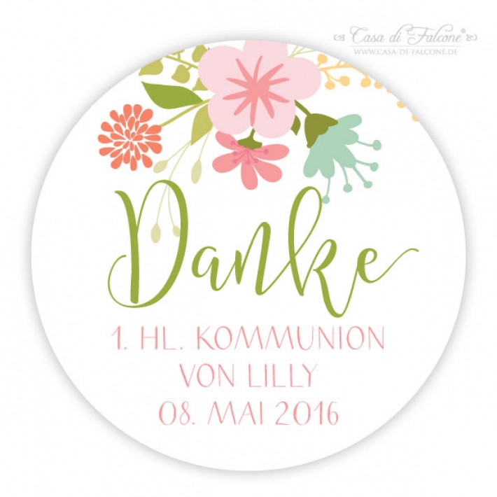 Aufkleber Einladung zur Kommunion, rund floral