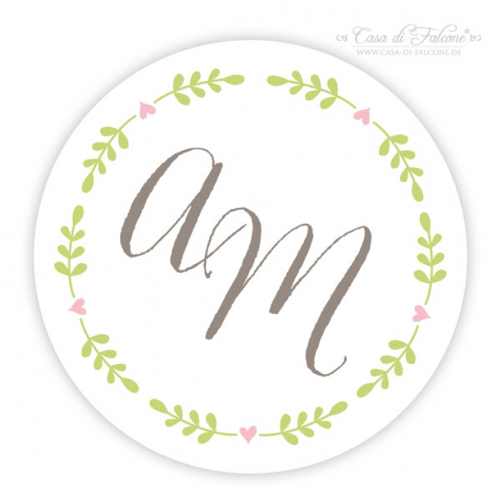 Personalisierte Aufkleber Hochzeit mit Initialen, Ranke rund