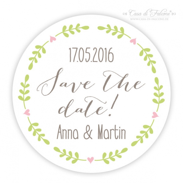 Personalisierte Aufkleber Save the Date, Ranke rund