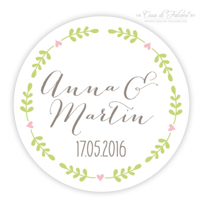 Personalisierte Hochzeitsaufkleber mit Name + Datum, Ranke rund
