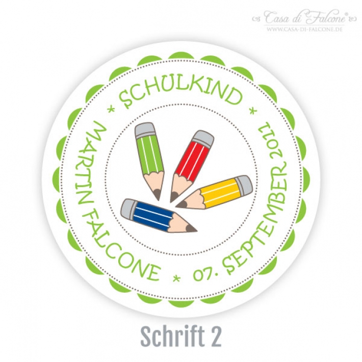 Personalisierte Aufkleber Schulkind, bunte Stifte