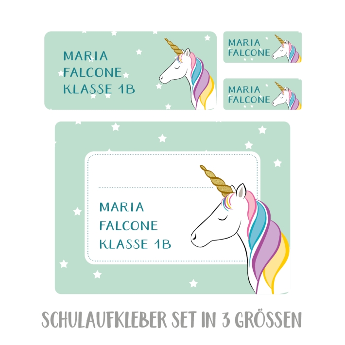 Namensaufkleber Set fr die Schule Einhorn