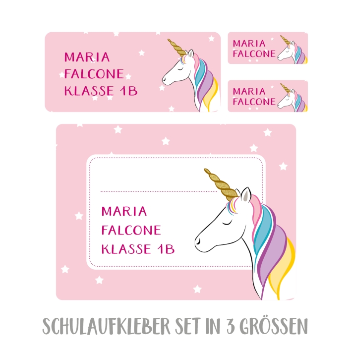 Namensaufkleber Set fr die Schule Einhorn