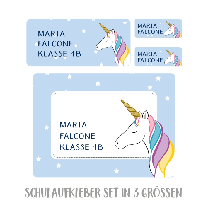 Namensaufkleber Set fr die Schule Einhorn