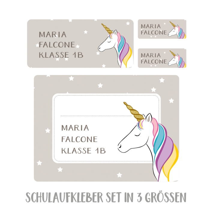 Namensaufkleber Set fr die Schule Einhorn