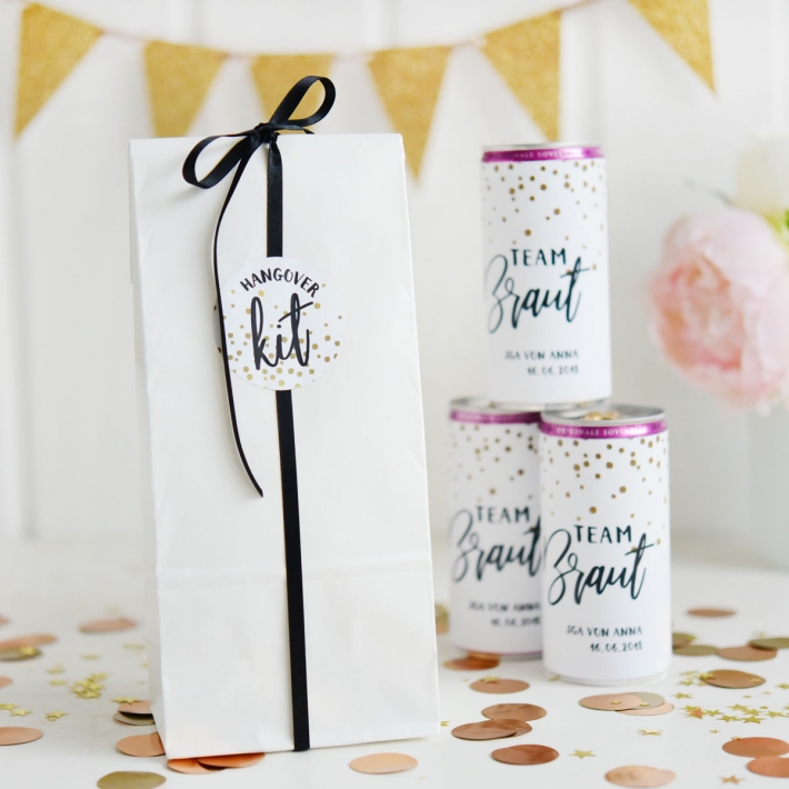 JGA I Hochzeit Prosecco Dose Banderole Dots gold