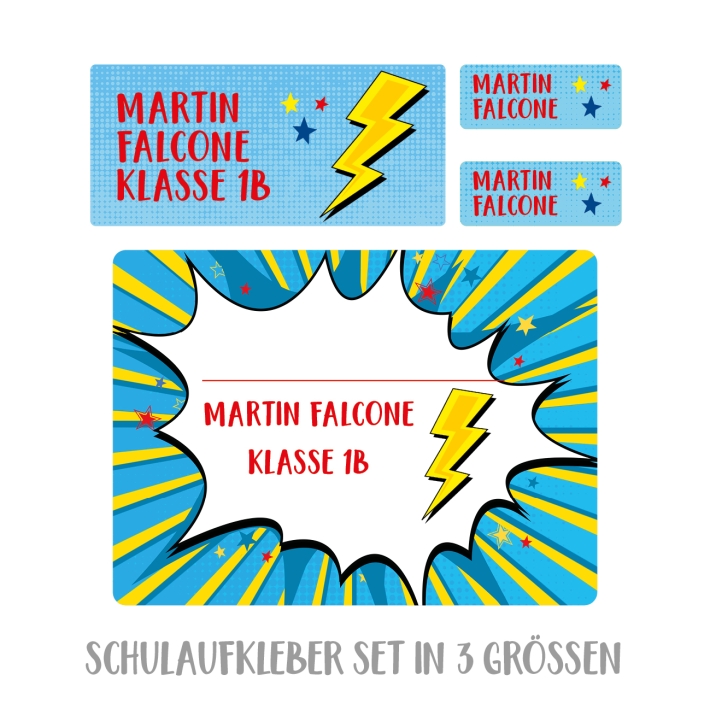 Namensaufkleber Set fr die Schule Comic