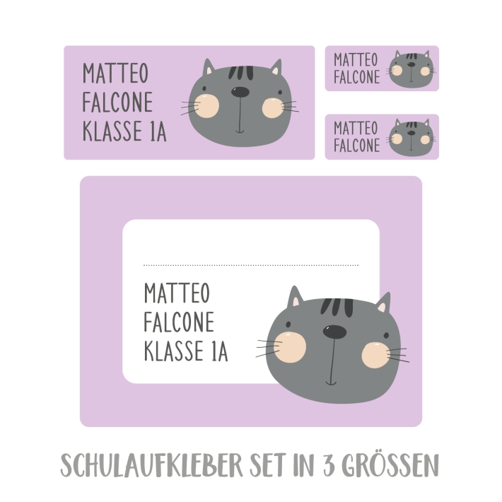 Namensaufkleber Set fr die Schule Katze