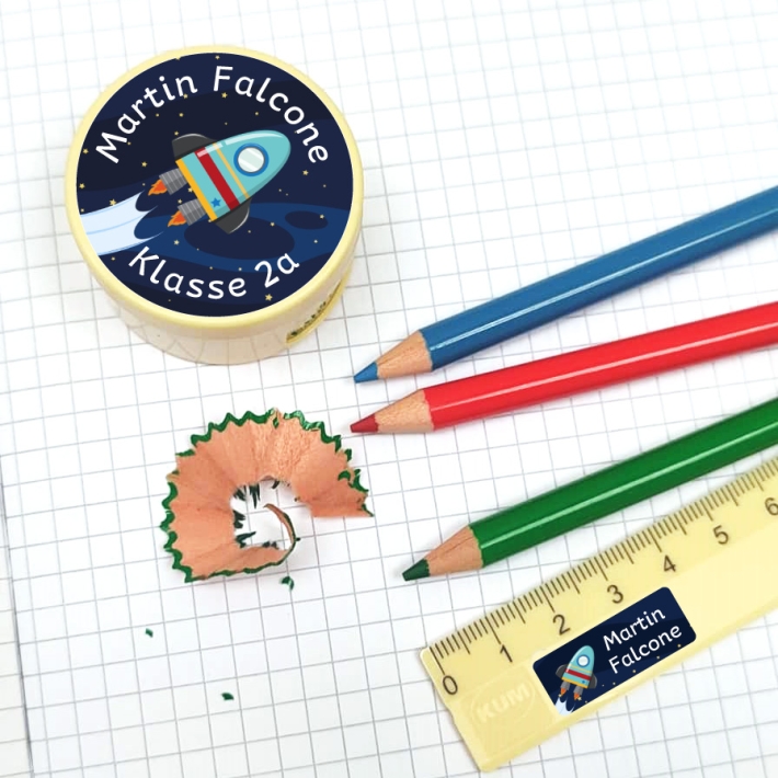 Namensaufkleber Set fr die Schule Rakete