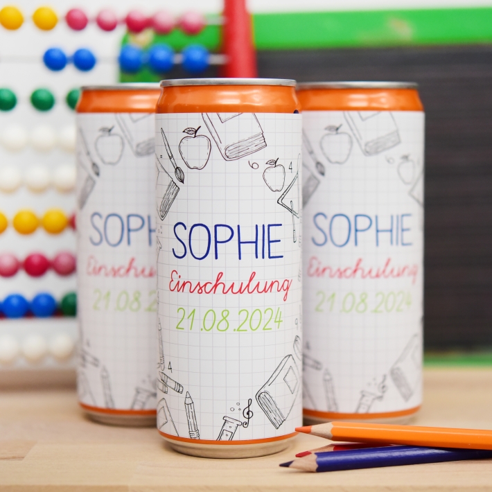 Banderole fr Getrnke Dosen zur Einschulung, kariertes Papier