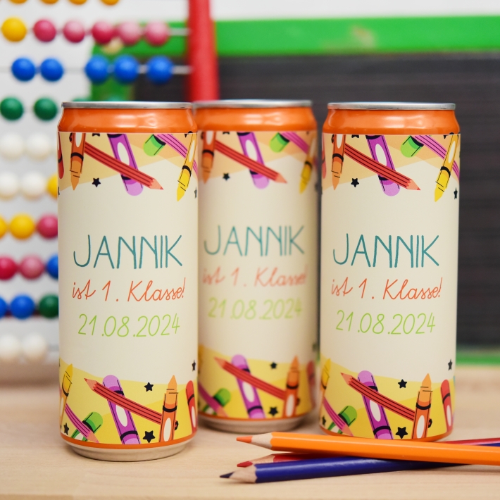 Banderole fr Getrnke Dosen zur Einschulung, Stifte