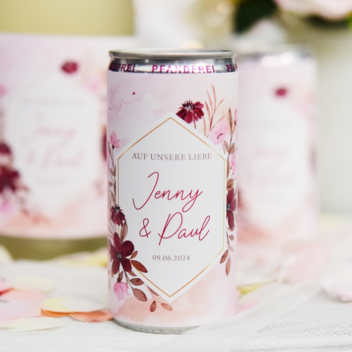 JGA I Hochzeit Banderole fr Prosecco Dosen flowers rose