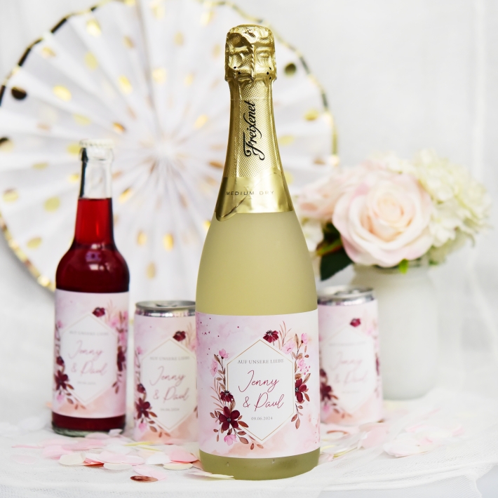 JGA I Hochzeit Banderole fr Prosecco Dosen flowers rose