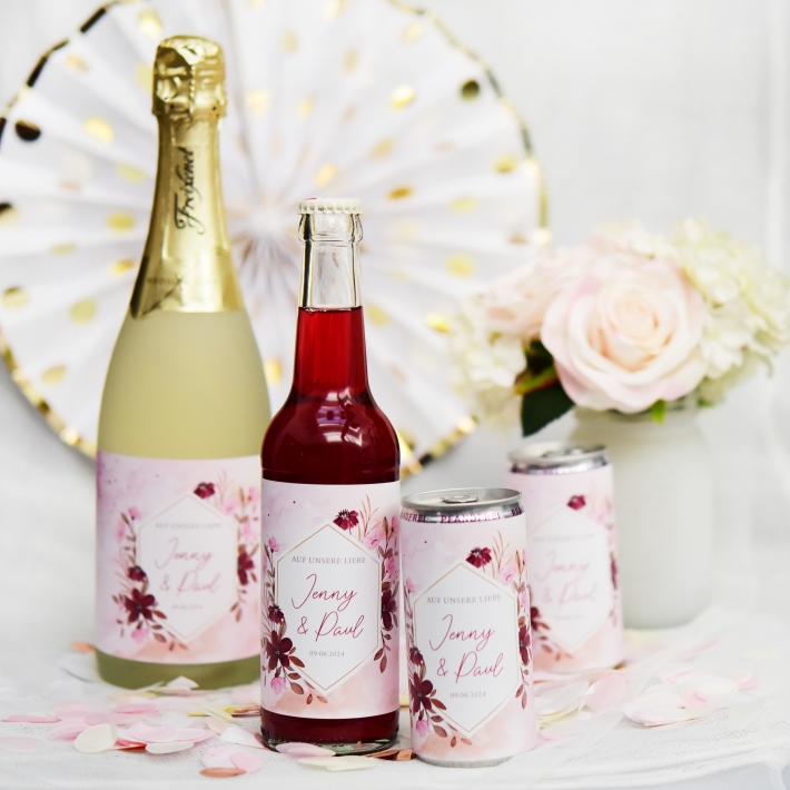 JGA I Hochzeit Banderole fr Prosecco Dosen flowers rose