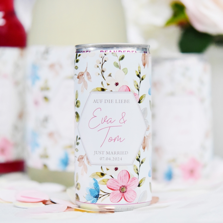 JGA I Hochzeit Banderole fr Prosecco Dosen flowers rosa-trkis