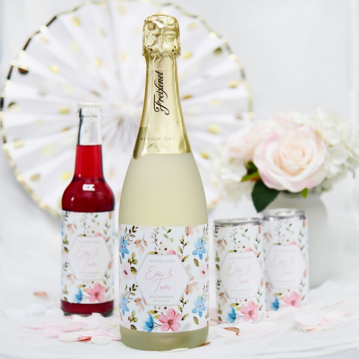 JGA I Hochzeit Banderole fr Prosecco Dosen flowers rosa-trkis