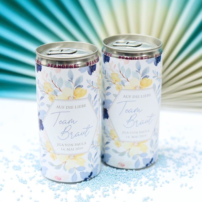 JGA I Hochzeit Banderole fr Prosecco Dosen flowers gelb-blau
