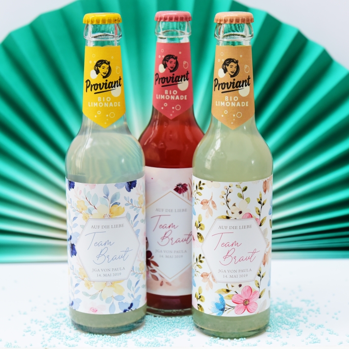JGA I Hochzeit Banderole fr Prosecco Dosen flowers gelb-blau