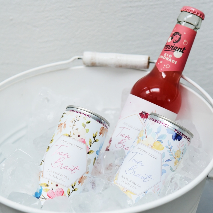 JGA I Hochzeit Banderole fr Prosecco Dosen flowers gelb-blau