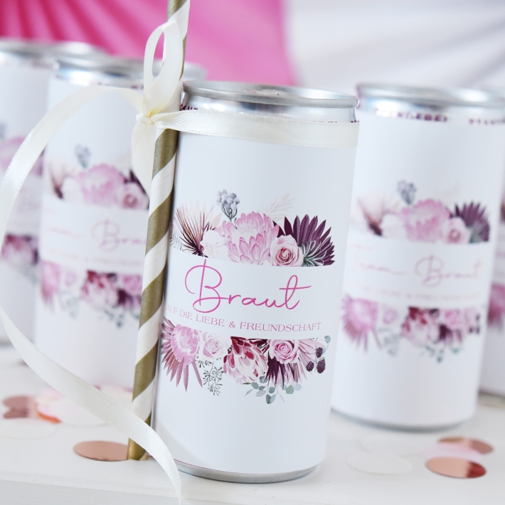 JGA Team Braut Banderole Prosecco Dosen 10er Set, Trockenblumen