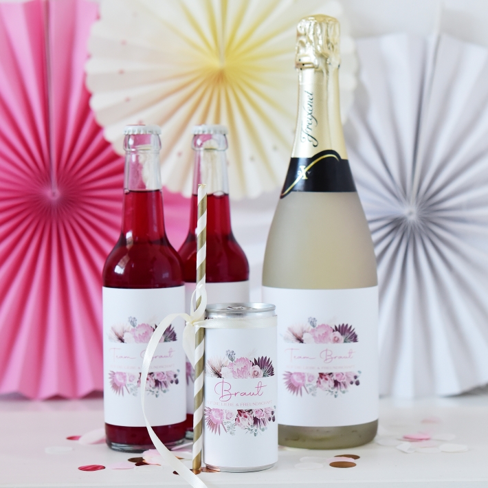 JGA Team Braut Banderole Prosecco Dosen 10er Set, Trockenblumen