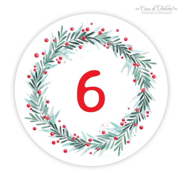 Adventskalender Zahlen Aufkleber, Kranz trkis-rot
