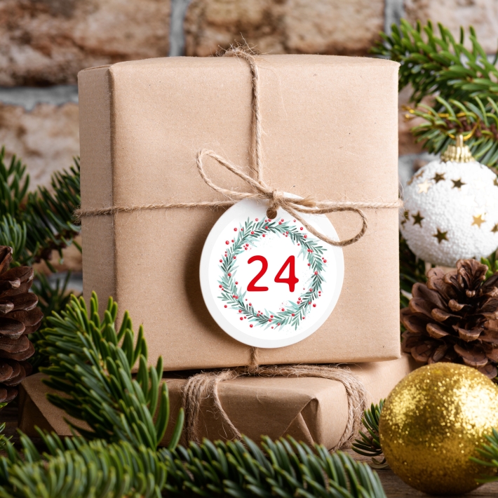 Adventskalender Zahlen Aufkleber, Kranz trkis-rot