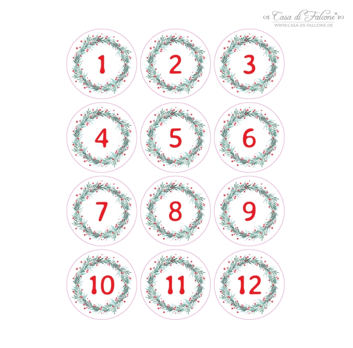Adventskalender Zahlen Aufkleber, Kranz trkis-rot