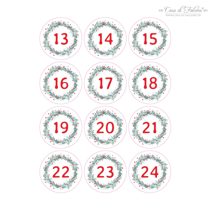 Adventskalender Zahlen Aufkleber, Kranz trkis-rot