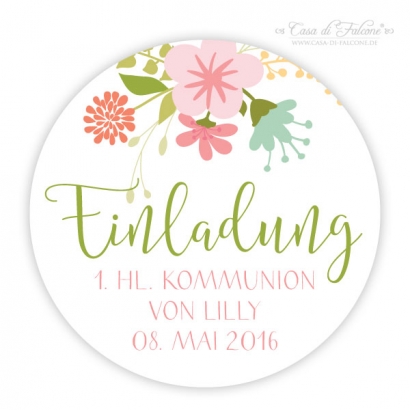 Aufkleber Einladung zur Kommunion, rund floral