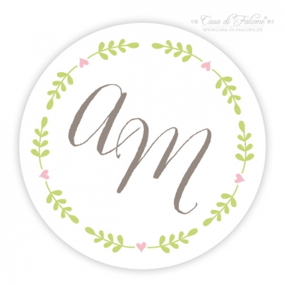 Personalisierte Aufkleber Hochzeit mit Initialen, Ranke rund