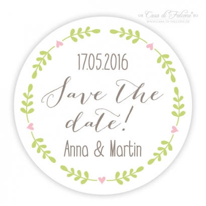 Personalisierte Aufkleber Save the Date, Ranke rund