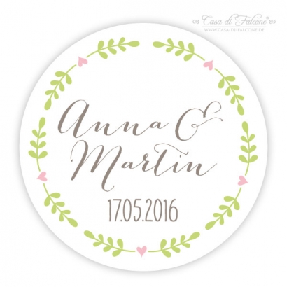 Personalisierte Hochzeitsaufkleber mit Name + Datum, Ranke rund