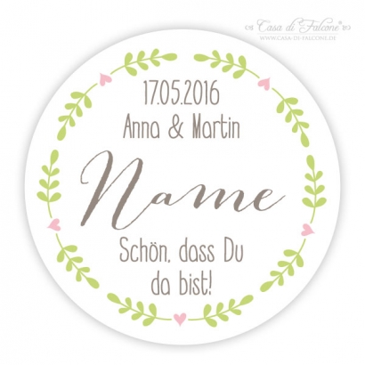 Personalisierte Namensaufkleber Hochzeit Tischkarte, Ranke rund