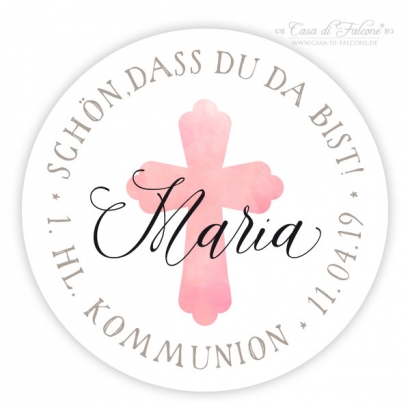 Personalisierte Aufkleber zur Kommunion Kreuz, rund