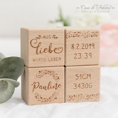 Personalisiertes 4er Holzwrfel-Set zur Geburt, Ranke