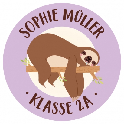 runde Namensaufkleber Faultier, personalisiert