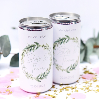 JGA I Hochzeit Banderole fr Prosecco Dosen Kranz grn