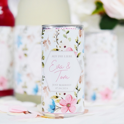 JGA I Hochzeit Banderole fr Prosecco Dosen flowers rosa-trkis
