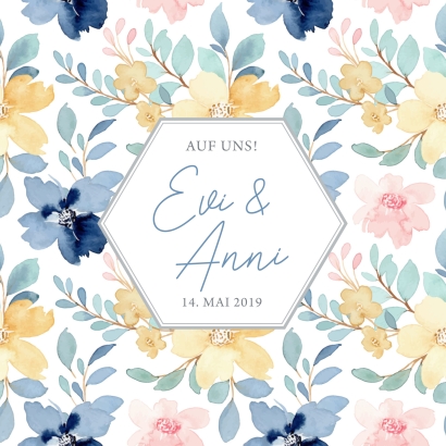 JGA I Hochzeit Banderole fr Prosecco Dosen flowers gelb-blau