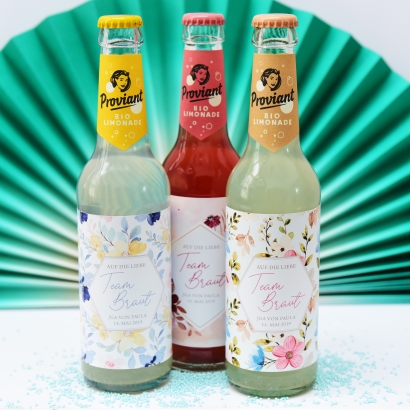 JGA I Hochzeit Banderole fr Prosecco Dosen flowers gelb-blau