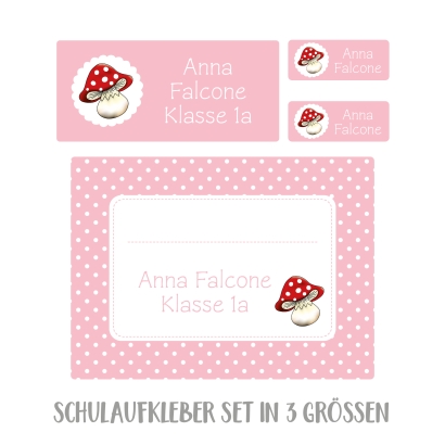Namensaufkleber Set fr die Schule Fliegenpilz