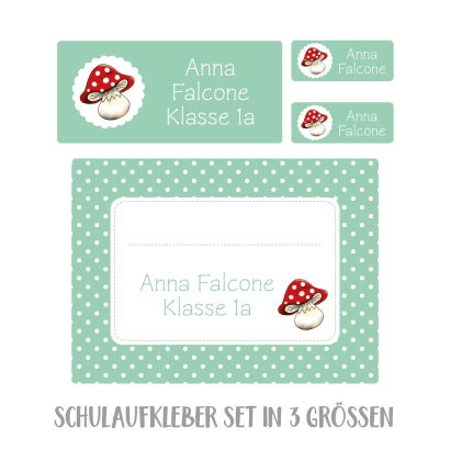 Namensaufkleber Set fr die Schule Fliegenpilz