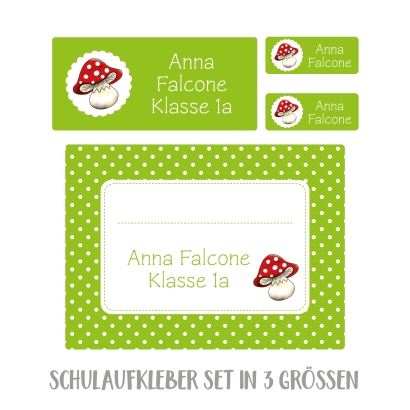 Namensaufkleber Set fr die Schule Fliegenpilz