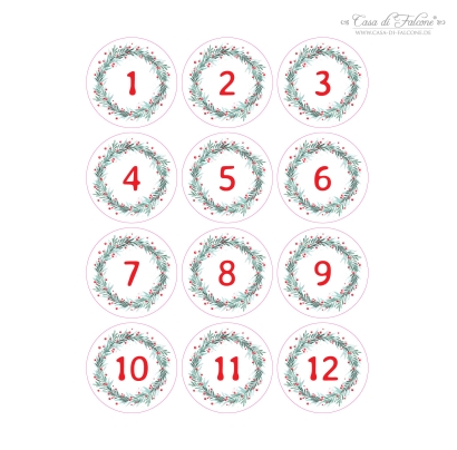 Adventskalender Zahlen Aufkleber, Kranz trkis-rot