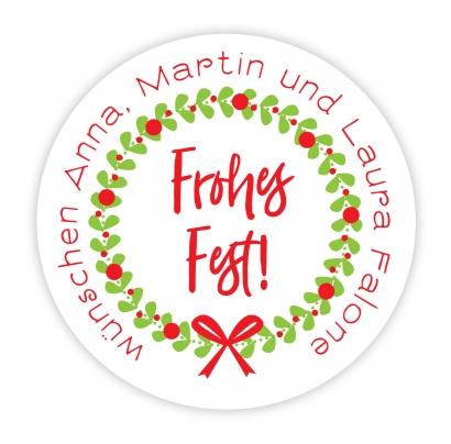 Aufkleber Weihnachten frohes Fest, Kranz rot-grn
